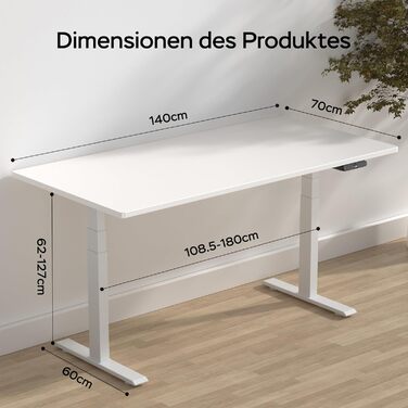 Стіл з регулюванням висоти 140x70 см, цільна стільниця 25 мм, подвійний двигун, 3-рівнева конструкція, інтелектуальне керування з 4 пресетами пам&39яті та 2 USB-портами (білий білий), білий білий 140 см x 70 см