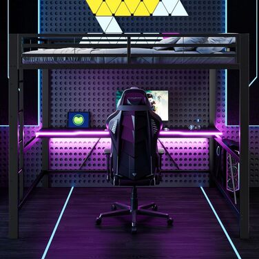 Каркас ігрового ліжка-горища з письмовим столом та світлодіодним підсвічуванням, USB-станція для зарядки, металевий каркас 160x200 см, чорний