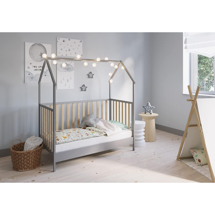 Дитяче ліжко-ліжко-будиночок FabiMax, 70x140 см, виготовлене з сосни, сірого кольору/натурального лаку (Надувний матрац)