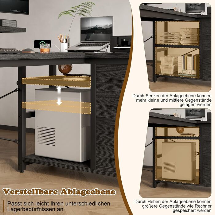 Г-подібний письмовий стіл Devoko з 4 тканинними шухлядами, двосторонній кутовий стіл з 2 розетками та 2 USB-портами, Г-подібний комп&39ютерний стіл для домашнього офісу, чорний, 140x80 см