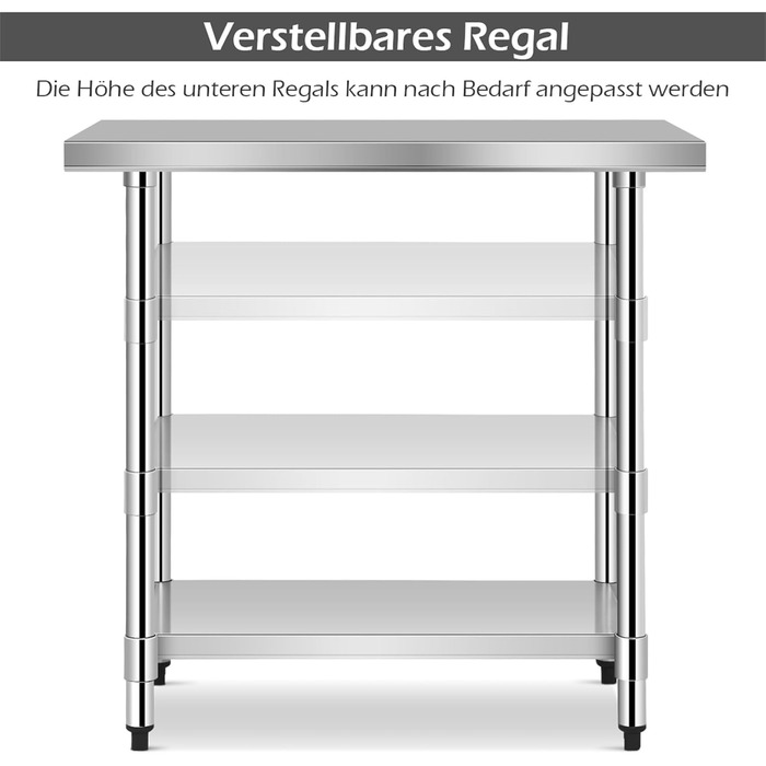 Кухонний стіл COSTWAY з нержавіючої сталі з регульованою по висоті полицею, робочий стіл, стіл для кейтерингу, стіл для приготування їжі з нержавіючої сталі з проміжною полицею (92x690 см)