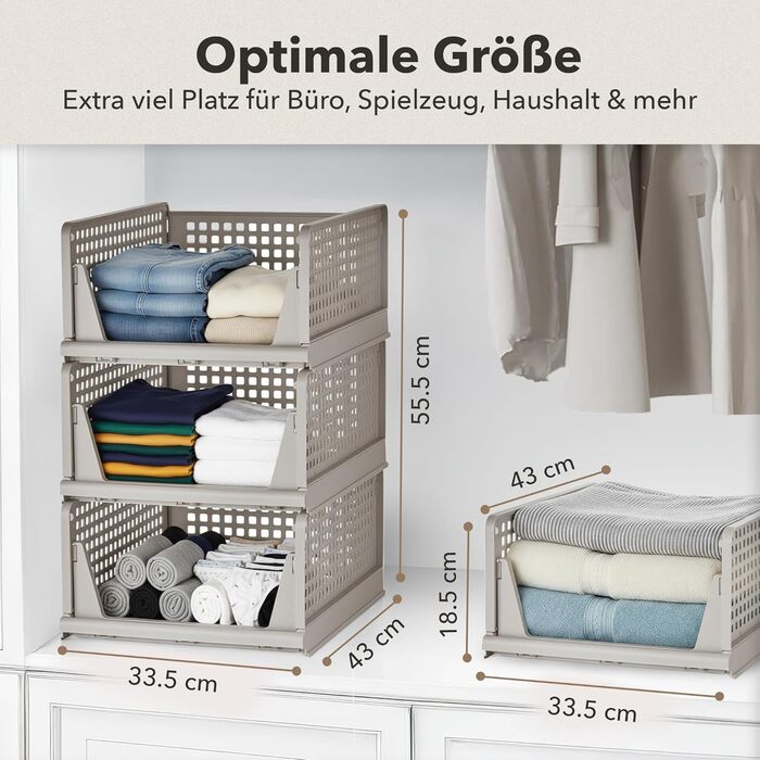 Набір органайзерів для гардеробу, 3 шт. (складані та штабелюються) коробки-органайзери для гардеробу, компактні пластикові коробки для зберігання підходять для гардеробних, ванних кімнат, кухонь та офісів бежевий