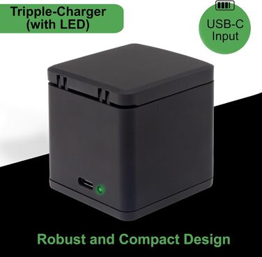 Зарядний кейс PATONA преміум-класу з 3 відсіками, сумісний з GoPro Hero 13, AEBAT-201 Заряджає 3 акумулятори одночасно Зі світловим індикатором та застібкою-клацкою Компактний та легкий У комплекті кабель USB-C