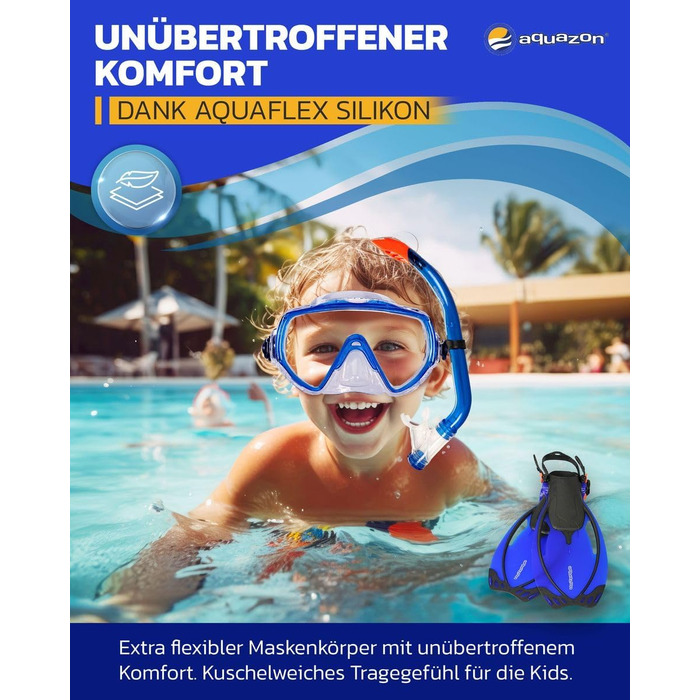 Набір для сноркелінгу AQUAZON Miami, набір для плавання, набір для дайвінгу, маска для дайвінгу з загартованими лінзами проти запотівання, силікон, напівсухий сноркель, регульовані ласти для дітей, темно-синій, розмір 27/31
