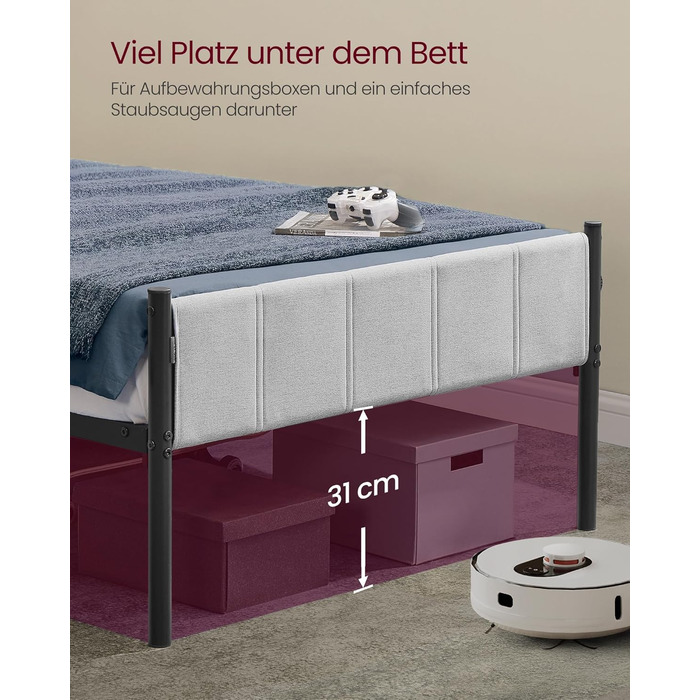 Каркас односпального ліжка VASAGLE, Каркас ліжка, 90 x 200 см, з м&39яким узголів&39ям, Каркас ліжка, Сталь, Витримує до 250 кг, Легке складання, Голубино-сірий RMB972G01 90 x 200 см Голубино-сірий