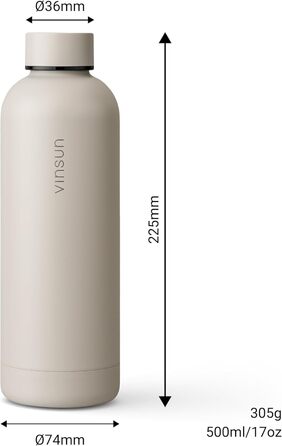 Пляшка для води Vinsun з нержавіючої сталі, бежева, 500 мл - герметична, підходить для газованих напоїв, без BPA - з подвійною стінкою, ізольована - термопляшка для спорту, активного відпочинку, школи, університету, спортзалу, кемпінгу, 500 мл бежевого ко