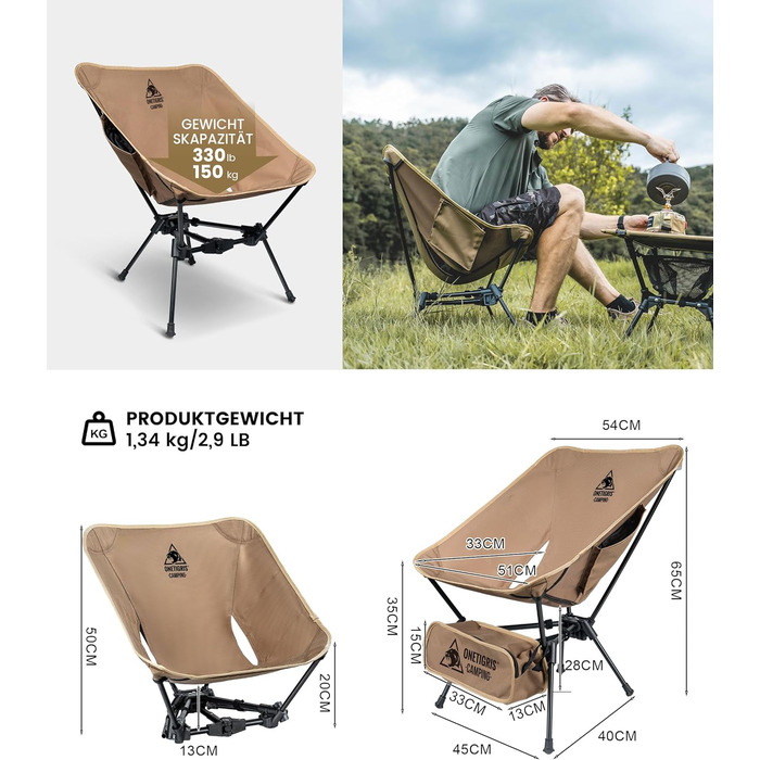 Складаний кемпінговий стілець OneTigris TIGERBLADE, вантажопідйомність 150 кг, легка трикутна рама, надлегкий складний стілець з 2 боковими кишенями для активного відпочинку та походів, колір койот-коричневий
