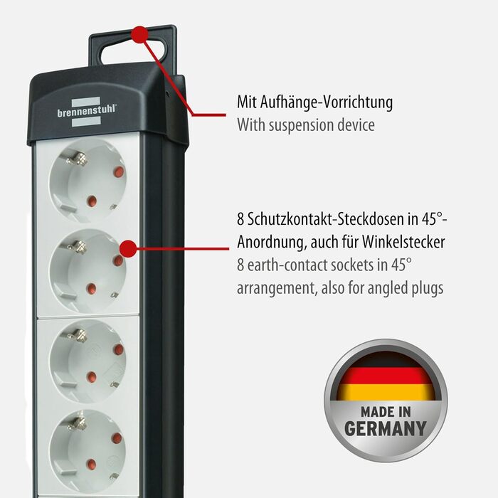 Розеткова планка Brennenstuhl Premium-Line 8-місна (розетка з вимикачем і кабелем 5м, настінна розеткова планка, зроблено в Німечч