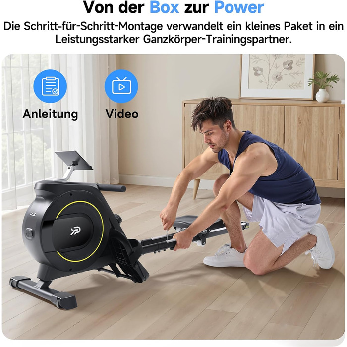 Домашній гребний тренажер YPOO, складаний, магнітний, тихий, з ексклюзивним додатком та РК-дисплеєм даних, подвійна рейкова стійка, витримує навантаження до 160 кг, легке складання