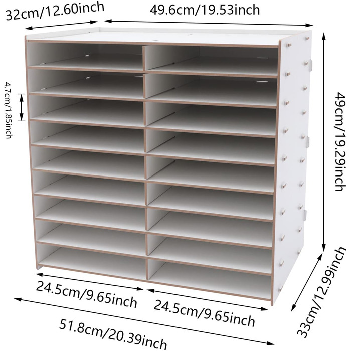 Лоток для документів A4, лоток для листів 18 відділень для зберігання 9 рівнів регульована висота Дубовий тримач для документів 51,8 x 33 x 49 см для документів, книг, тримач для ручок (білий)