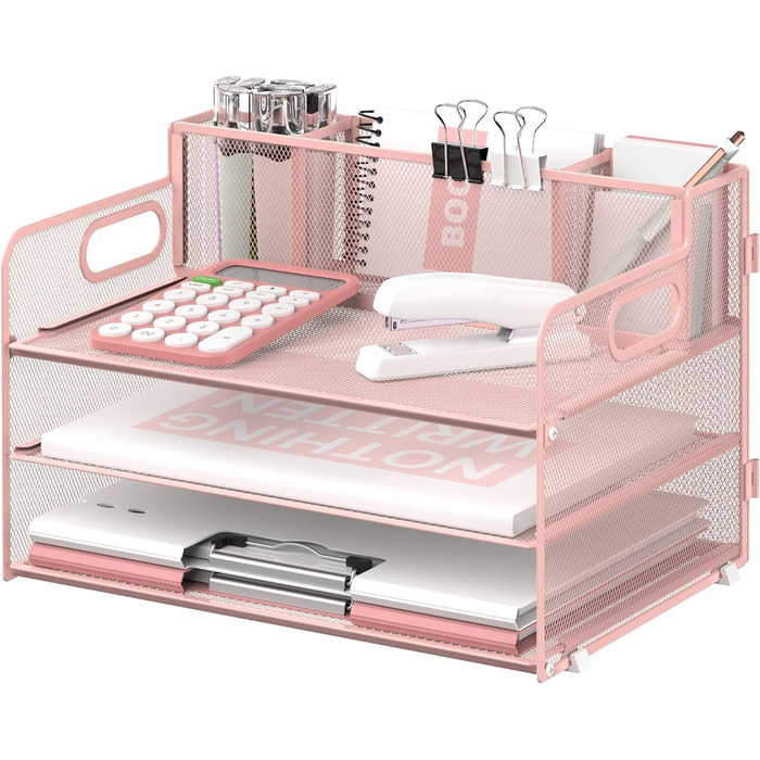 Рівневий органайзер для столу з ручкою та 3 тримачами для ручок, сітчастий органайзер для паперу/файлів на стіл, лоток для паперу та листів, рожевий Pink 1, 3-