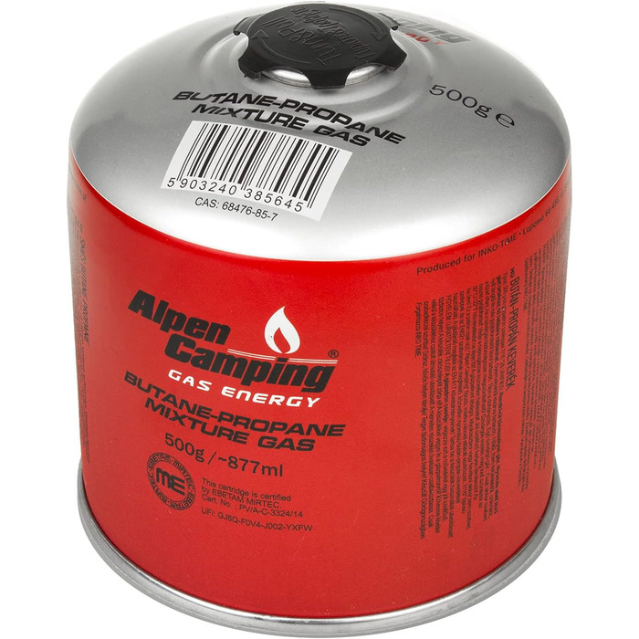 Газовий картридж Alpen Camping IK008 877 мл / 500 г з пропан-бутаном, що вкручується, з підключенням 7/16 для газової плити похідн