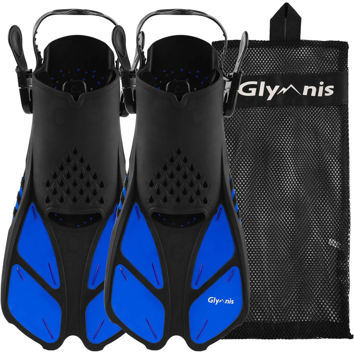 Ласти для сноркелінгу Glymnis, регульовані, для дорослих та дітей, короткі ласти для дайвінгу, плавання, сноркелінгу, розмір S/M (37-41), чорний/синій