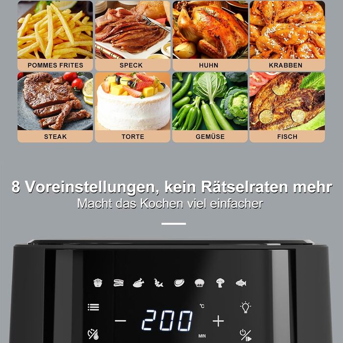 Аерофритюрниця Wellent 4.3 л з оглядовим вікном, фритюрниця для фритюрниці з сенсорним екраном, 8 функцій приготування, можна мити в посудомийній машині, енергозбереження, без олії та приготування з низьким вмістом жиру 4.3 л