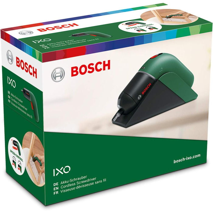 Набір акумуляторних викруток Bosch IXO із зарядною станцією (6-го покоління, зеленого кольору, з регульованою швидкістю обертання,