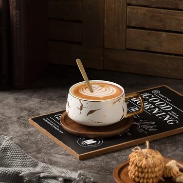 И чашок для еспресо, набір чашок для капучино 300 мл, мармурова кавова чашка з блюдцем, порцеляна, 2 чашки, 2 блюдця, 2 ложки, біл