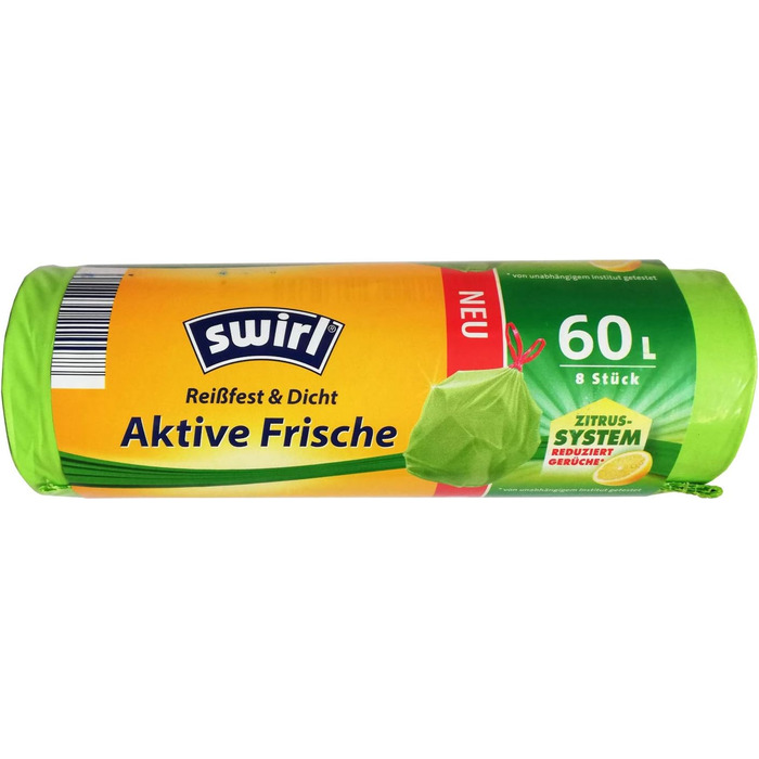 Пакетів для сміття Swirl Active Freshness 60 л зі шнурком, зелені (8 рулонів x 8 пакетів/рулон 64 пакети) 8 шт. (8 упаковок), 8