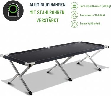 Розкладне ліжко Kronenburg XXL, туристичне ліжко 210 см x 72 см x 45 см Вантажопідйомність до 200 кг Посилена сталева труба чорного кольору. Розкладне ліжко 210 x 72 x 45 см