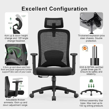 Ергономічне офісне крісло CALIYO Sammy, робоче крісло з регульованим підголівником, підлокітниками, поперековою опорою та функцією гойдання повітропроникне сітчасте поворотне крісло, ігрове крісло, офісне крісло 150 кг, чорне Sammy (чорне)