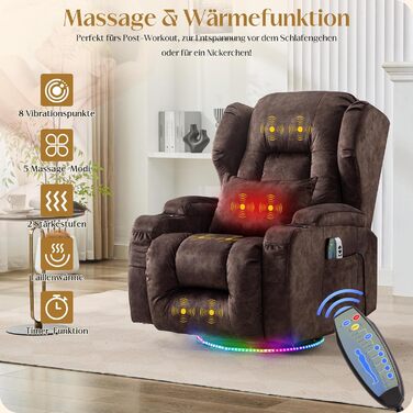 Електричне крісло для телевізора з функцією відкидання спинки, крісло з обертовим кутом 240, крісло для кінотеатру, масажне крісло з функцією підігріву, крісло для телевізора, крісло для відпочинку вагою до 150 кг (оксамит, коричневий) Коричнева оксамитов