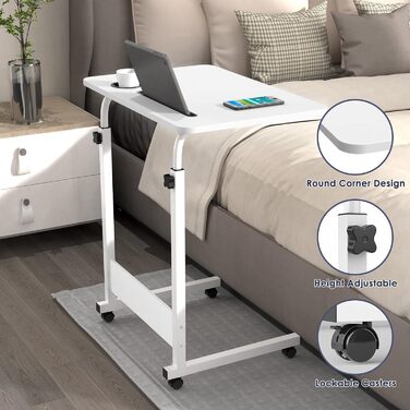 Стіл для ноутбука з регульованою висотою, бічний столик з колесами та слотами для карток, мобільний стіл/комп&39ютерний стіл для дивана, ліжка, кушетки, офісу (білий, 60x40 см) 60x40 см З 2 слотами для карток Білий