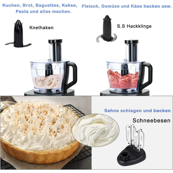 Кухонний комбайн TopStrong 1100 Вт, багатофункціональний кухонний комбайн, 11 функцій комбайн для кухонного подрібнювача, чаша 3,2 л і контейнер 1,5 л, міні-подрібнювач, оновлений ріжучий диск, соковижималка для цитрусових, лезо для подрібнення тіста сіро