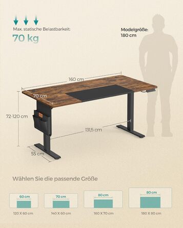 Електричний письмовий стіл SONGMICS з регульованою висотою, 160 x 70 см, безступінчасте регулювання, функція пам&39яті з 4 рівнями висоти, вінтажний коричневий - матово-чорний LSD026X01 160 x 70 см вінтажний коричневий чорно-чорний