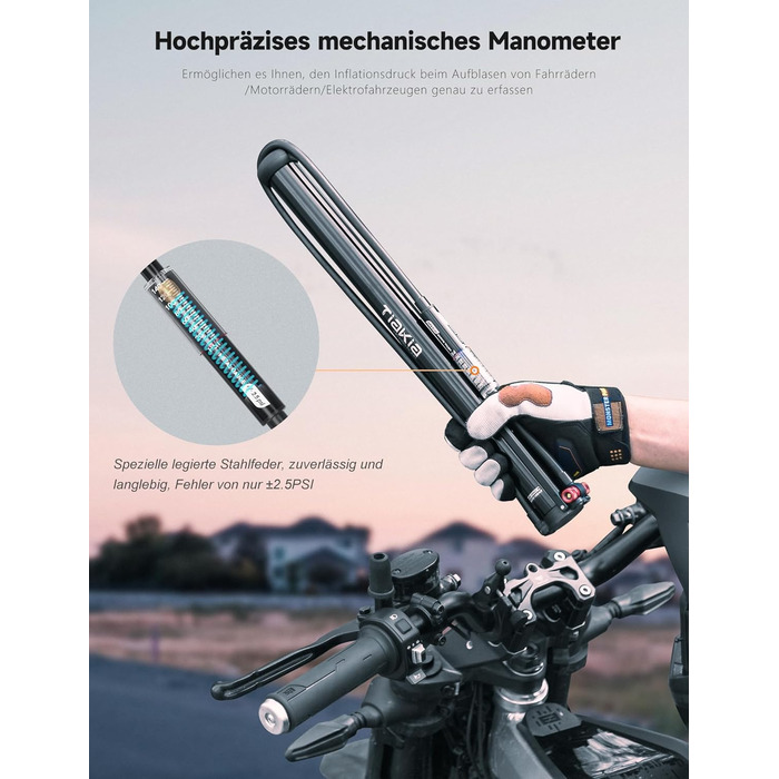Велосипедний насос Tiakia з манометром, маленький велосипедний насос для всіх типів вентилів, алюмінієвий міні-насос, портативний насос для шин Schrader та Presta, шосейні та гірські велосипеди, 260 PSI/18 бар