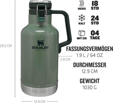 Термос Stanley Classic Easy-Pour Growler 1,9 літра - Зберігає пиво холодним та свіжим протягом 24 годин - Термос з нержавіючої сталі - Герметичний - Можна мити в посудомийній машині - Зелений колір Hammertone