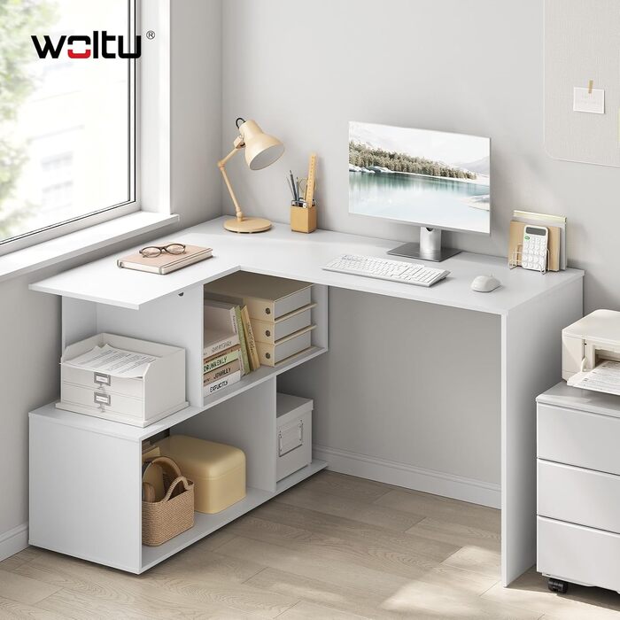 Подібний письмовий стіл, кутовий стіл з відділенням для зберігання, 120x100 см, офісний стіл, комп&39ютерний стіл з відділеннями для зберігання, ПК-стіл, L-подібний стіл, робочий стіл для офісу/кабінету, білий