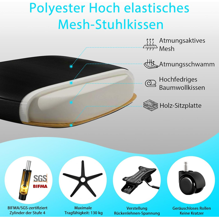 Ергономічне офісне крісло, робоче крісло з регульованою 4D поперековою опорою, обертове крісло зі складними підлокітниками, комп&39ютерне крісло з функцією нахилу 90-125, сітчасте крісло до 130 кг, чорне