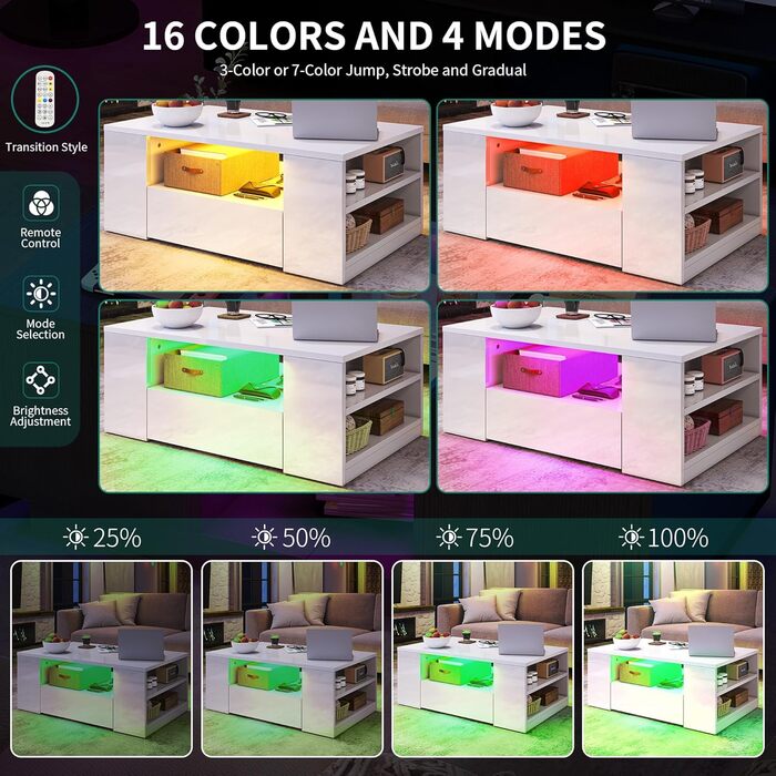 Білий журнальний столик YITAHOME, глянцевий стіл для вітальні з 16-кольоровим світлодіодним підсвічуванням, сучасний бічний столик з відкритою полицею та 2 висувними шухлядами, 95 x 55 x 37 см