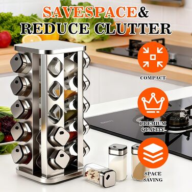 Стійка для спецій PTUWODS з 16 квадратними банками для спецій, карусель для спецій з нержавіючої сталі, що обертається на 360, органайзер для спецій, контейнери для спецій зі вставкою-шейкером, 16 банок
