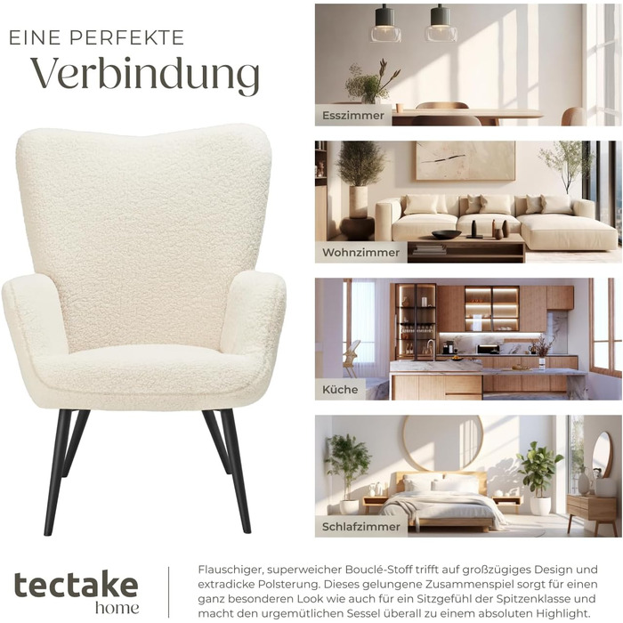 Крісло tectake у скандинавському стилі з крилами, крісло Teddy Hygge, крісло з букле для вітальні, спальні, вишукане крісло-гостина, вантажопідйомність до 150 кг без підставки для ніг, букле кремовий/чорний