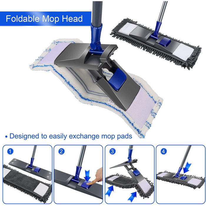 Швабра для миття підлоги, швабра з мікрофібри з телескопічною ручкою 128 см, швабра для підлоги з 4 швабрами для твердої деревини,