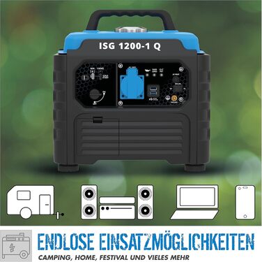 Інверторний генератор Gde ISG 1200-1 Q (4-тактний двигун, бензиновий, 1,3/1,76 (кВт/к.с.), 230 В, 2 шт. USB, макс. 1200 Вт, час роботи до 6 год, бак 3 л, захист від перевантаження, світлодіодний дисплей, аксесуари, вага 12,4 кг)