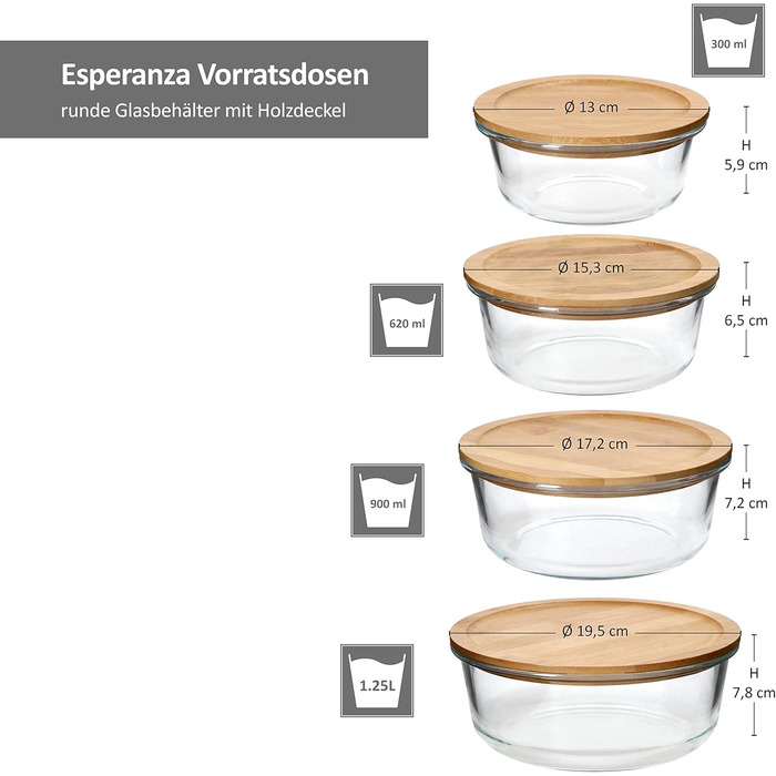 Круглі контейнери для зберігання Ritzenhoff & Breker Esperanza, 5 шт. Скляні банки з дерев&39яними кришками 2 шт. по 1,25 л, по 900 мл, по 620 мл та по 300 мл Кришка з екологічно чистого бамбука зі скляною мискою Контейнер для делікатесів, хлібниця
