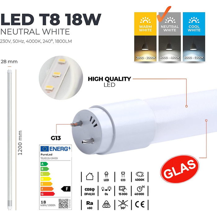 Чиста світлодіодна трубка з 10 шт. 120 см - СКЛО T8 G13 - нейтральний білий (4000K) - 18 Вт (замінює 36 Вт) - 1800 люмен - включно зі стартером - люмінесцентна трубка Неонова трубка трубка лампа Світлодіодна трубка