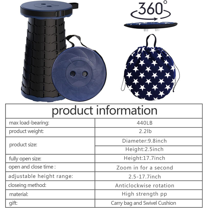 Телескопічний стілець, складаний, легкий та портативний, стілець для дорослих, кемпінговий стілець для походів, риболовлі, подорожей, барбекю, максимальне навантаження 200 кг, з сумкою для перенесення морського класу