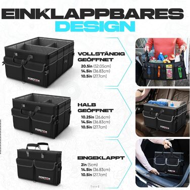 Органайзер для багажника FORTEM, сумка для багажника, складаний автомобільний органайзер з відділеннями, нековзним дном, регульованими ременями фіксації та відкидним кришкою (Чорний) Середній
