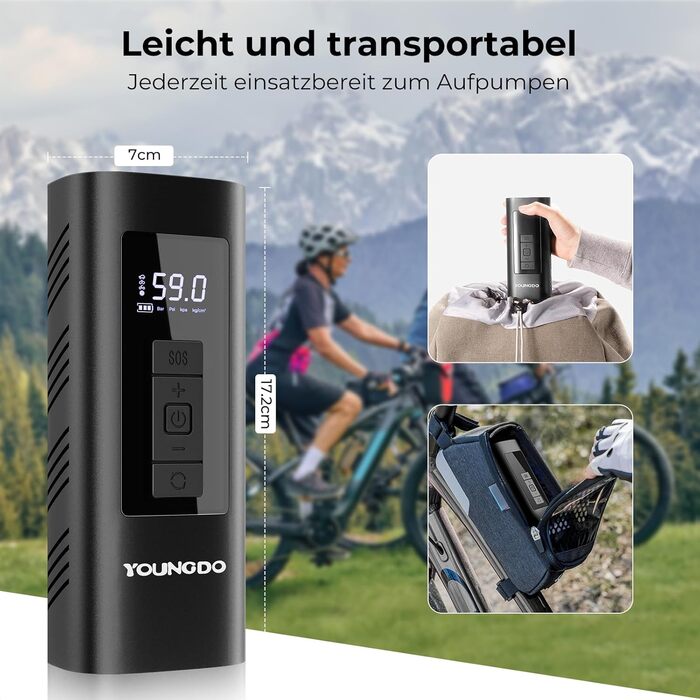 Електричний повітряний насос YOUNGDO, велосипедний компресор, 170x69x50 мм, 10.3 бар / 150 PSI, пластик/метал, чорний
