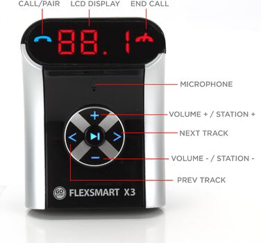 Передавач GOgroove FlexSMART X3 Mini Bluetooth для автомобільної стереосистеми - заряджання через USB, дзвінки та керування автомобілем у режимі вільні руки, керування музикою, допоміжний лінійний вхід/вихід, відтворення MP3 та аудіо, сумісний зі смартфон