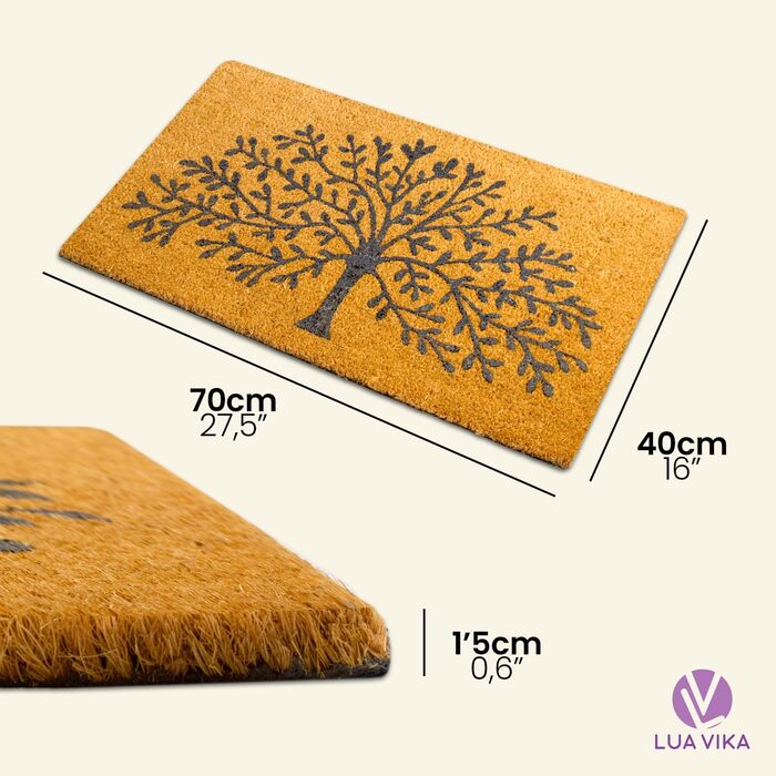 Кокосовий килимок для вхідних дверей, підходить для використання всередині та зовні приміщень, привабливий та декоративний брудозахисний килимок для ваших вхідних дверей, миється, з нековзним ПВХ, килимок для вхідних дверей 40x70 см (Дерево життя)