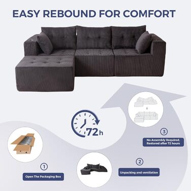 Кутовий диван MAXYOYO з вельвету з підсклянником, модульний диван, що трансформується в L-подібний та двоспальний диван, 3-місний диван без кісток для вітальні, не потребує складання, сірий, L-подібний