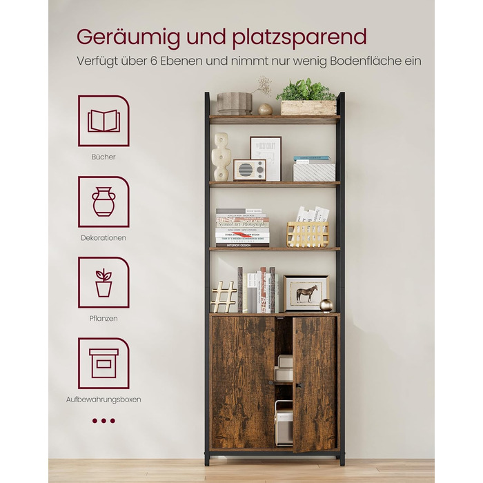 Книжкова полиця VASAGLE, 6 ярусів, полиця, окремостояча полиця з дверцятами, металевий каркас, регульовані полиці, 24 x 60 x 159,5 см, для вітальні, спальні, вінтажний коричневий-чорний LLS133K01 60B см Вінтажний коричневий чорнильний
