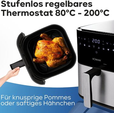 Фритюрниця Bomann XXL - фритюрниця 5 л Гаряче повітря для знежиреного смаження Мультипіч з нержавіючої сталі з цифровим сенсорним екраном Потік повітря на 360 Фритюрниця з 8 програмами FR 6069 H CB Чорний/Нержавіюча сталь *Модель 2024*