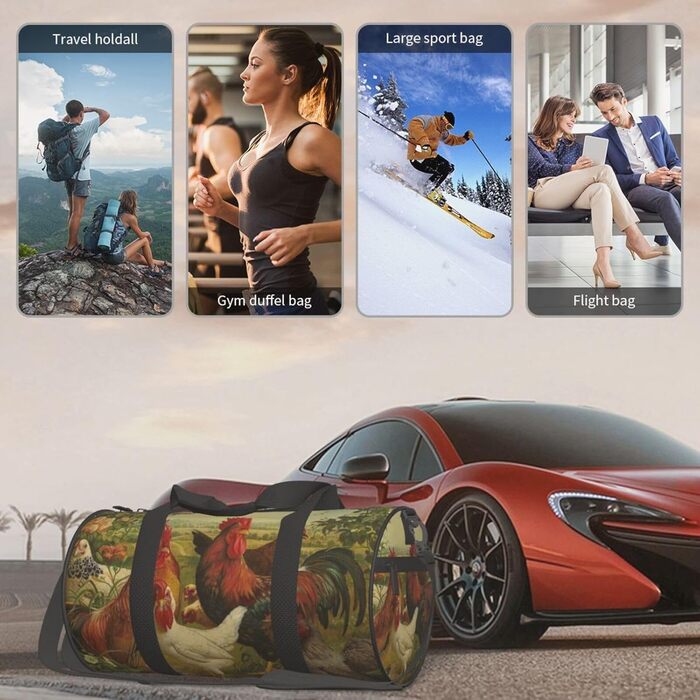 Спортивна сумка для подорожей, дизайн кури та ферма, чорний колір, універсальний розмір, дорожня сумка