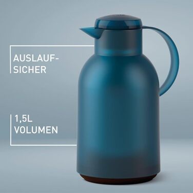 Ізольований глечик Emsa Samba, місткість 1,5 літра, застібка Quick Press, 100 герметичний, зберігає напої гарячими протягом 12 годин і холодними протягом 24 годин, зі скляною підкладкою, зроблено в Німеччині, напівпрозорий/океанський блакитний, N4012000 1