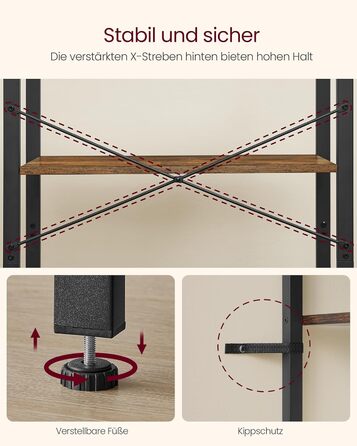 Полиця, книжкова шафа, окремостояча полиця, полиця для DVD, з 4 полицями, офісна полиця, відкриті полиці, для офісу, вітальні, спальні, кухні, 30 x 66 x 120 см, вінтажний коричневий-чорнильний чорний LLS60BX 4 полиці (66Ш x 120В см) вінтажний коричневий ч