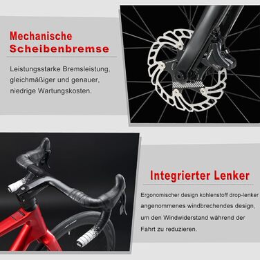 Шосейний/гравійний велосипед 28 дюймів з карбоновою рамою та вилкою, дисковими гальмами Shimano 22 швидкості, карбоновим кермом та підсідельним штирем для чоловіків та жінок, червоний, 53 см